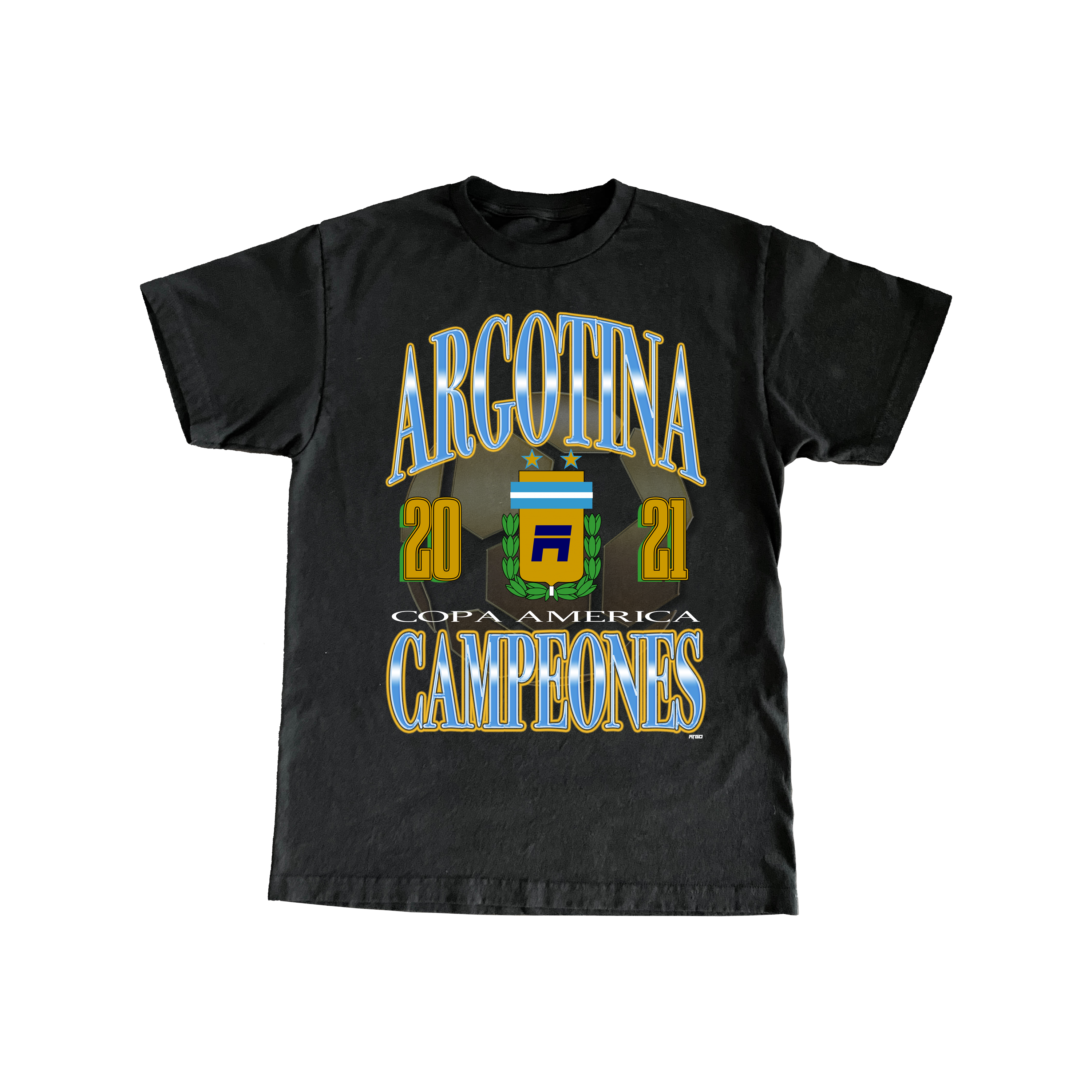 Black t-shirt with 'Argentina 2021 Copa America Campeones' text and graphics