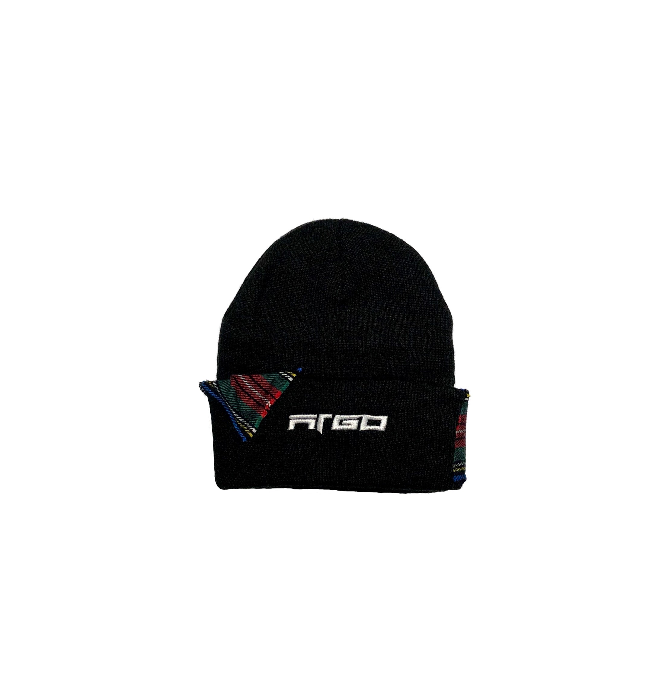 Black beanie with plaid patchwork and ARGO logo