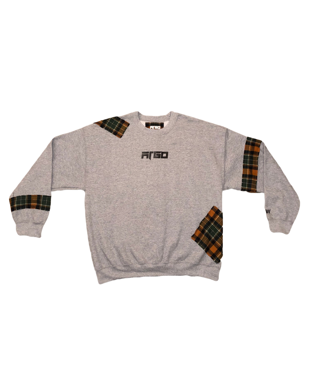 Gray sweatshirt with plaid patchwork accents on sleeves with ARGO logo on chest