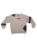 Gray sweatshirt with plaid patchwork accents on sleeves with ARGO logo on chest