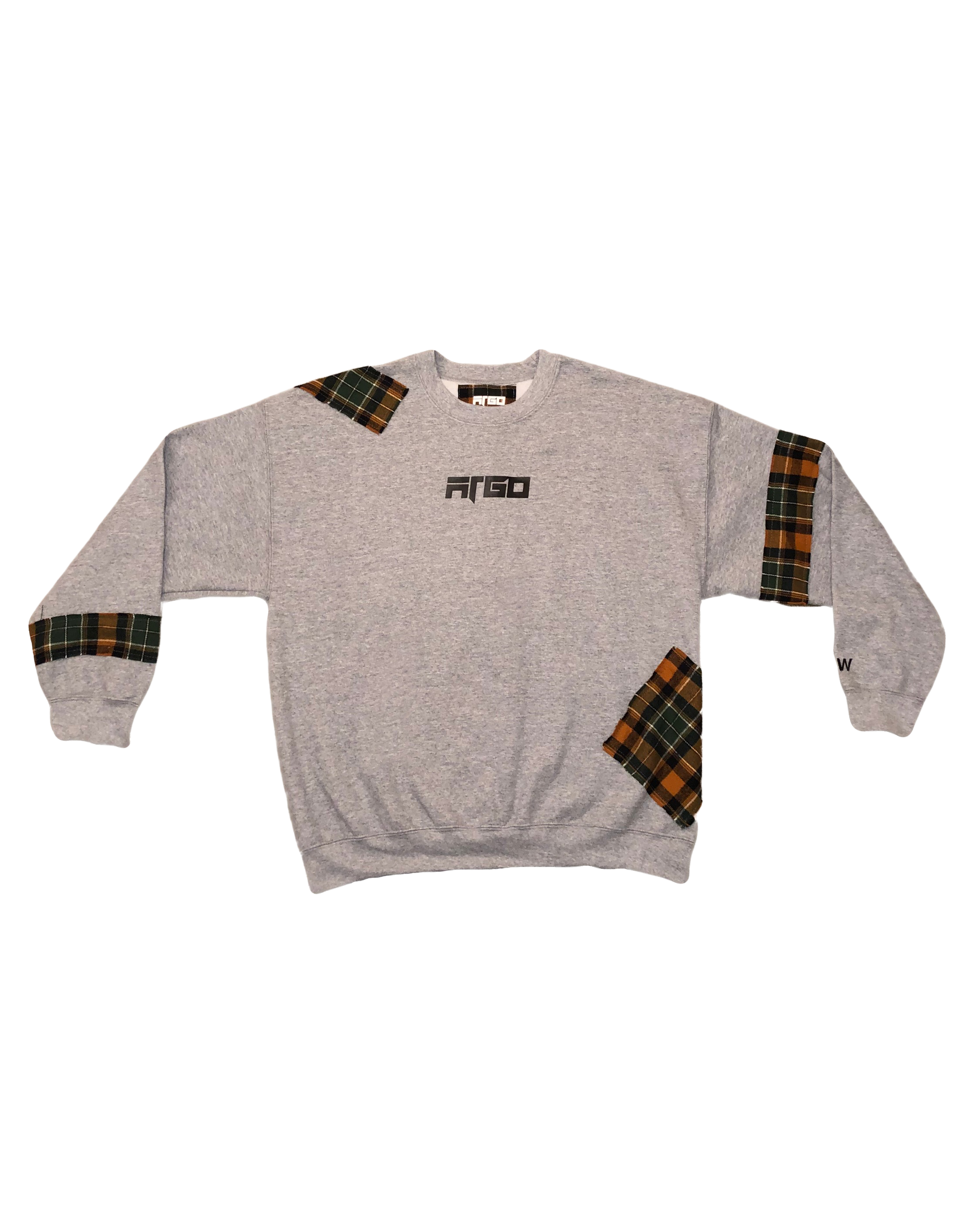 Gray sweatshirt with plaid patchwork accents on sleeves with ARGO logo on chest