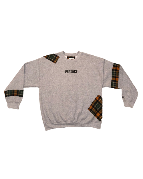 Gray sweatshirt with plaid patchwork accents on sleeves with ARGO logo on chest