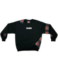 Black crewneck sweatshirt with plaid patchwork and ARGO embroidered logo