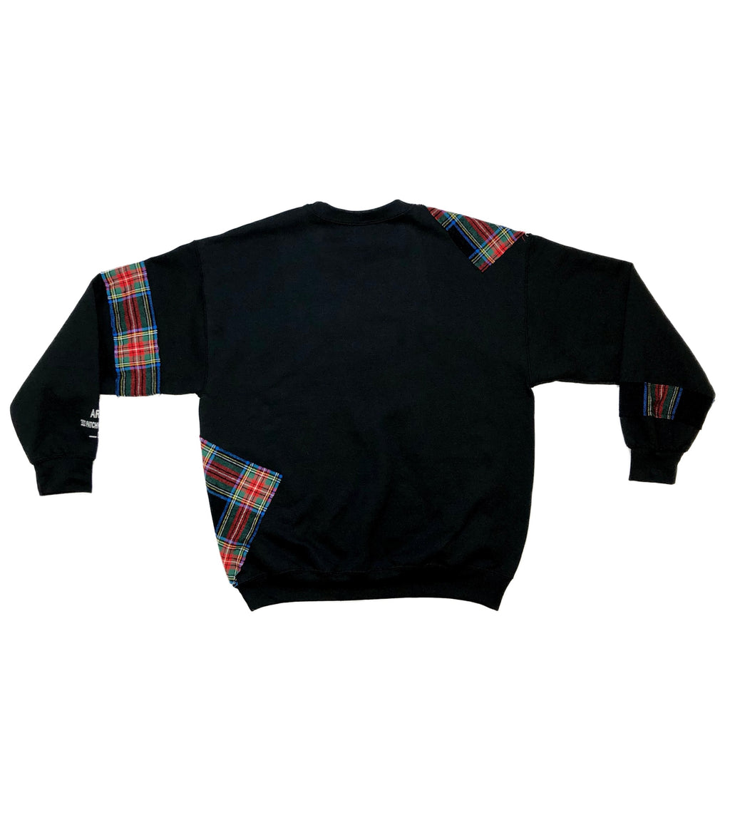 Black crewneck sweatshirt with plaid patchwork and ARGO embroidered logo