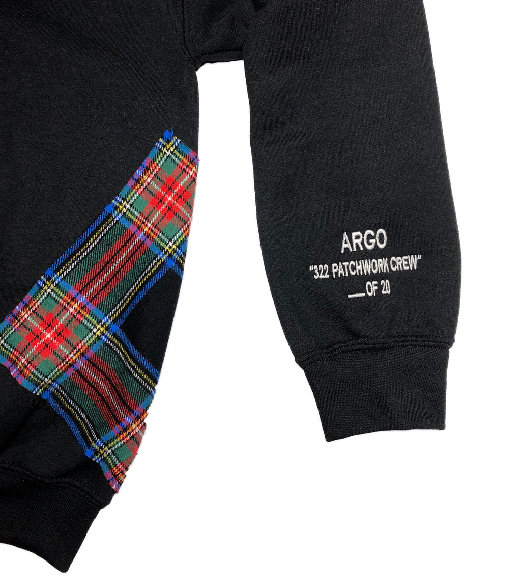 Black crewneck sweatshirt with plaid patchwork and ARGO embroidered logo