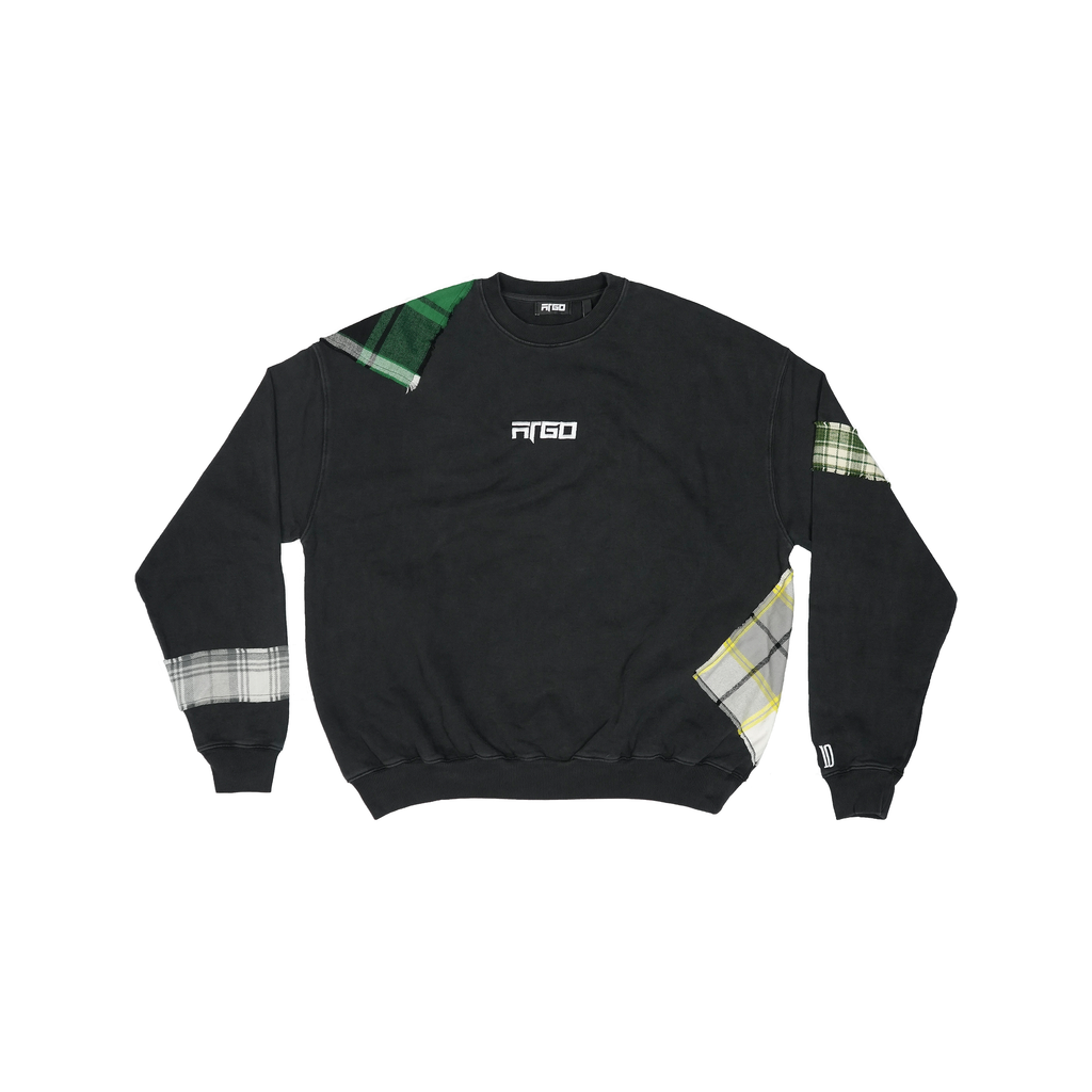 Black crewneck sweatshirt with plaid patchwork sleeves and embroidered logo