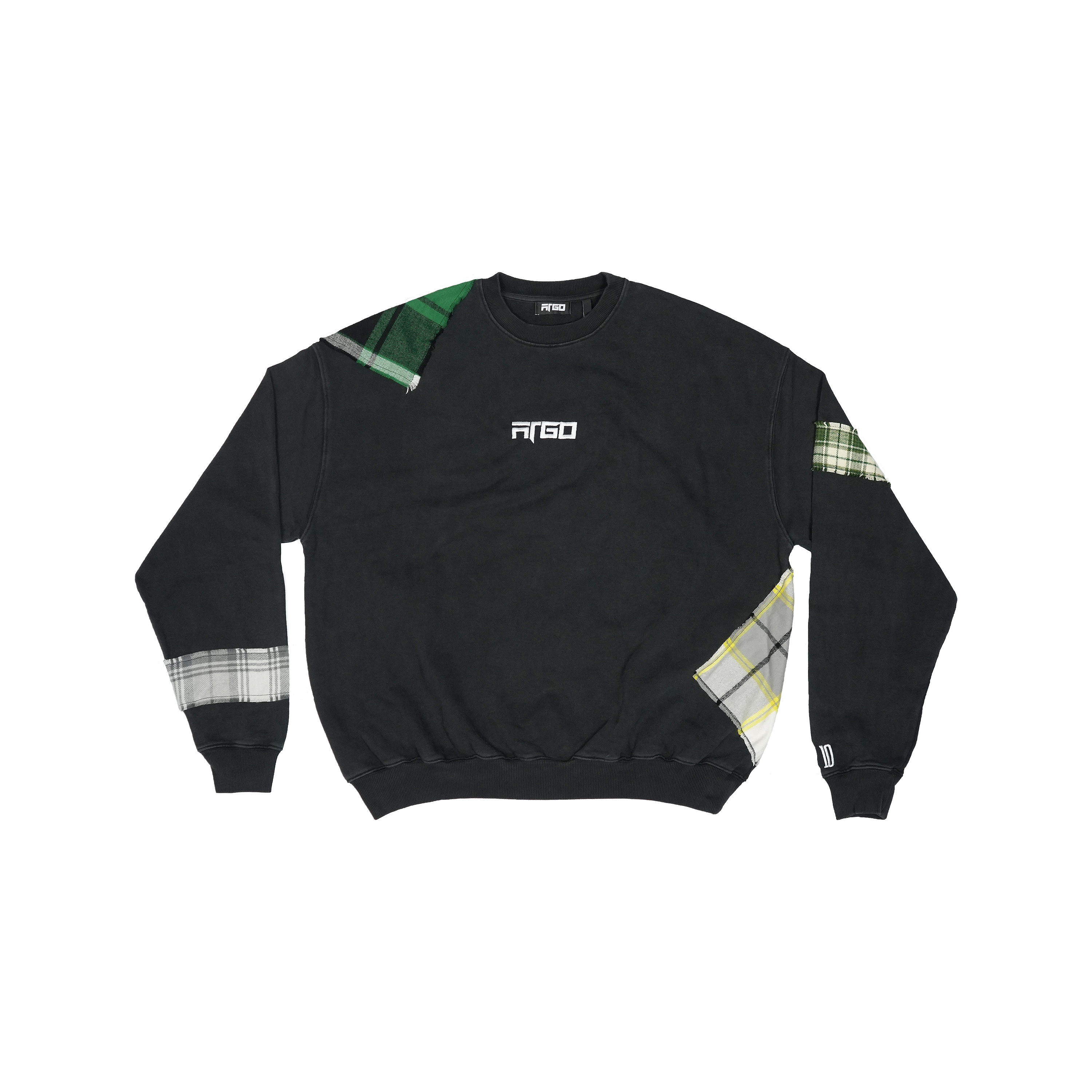 Black crewneck sweatshirt with plaid patchwork sleeves and embroidered logo