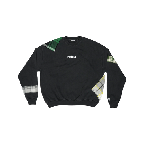 Black crewneck sweatshirt with plaid patchwork sleeves and embroidered logo