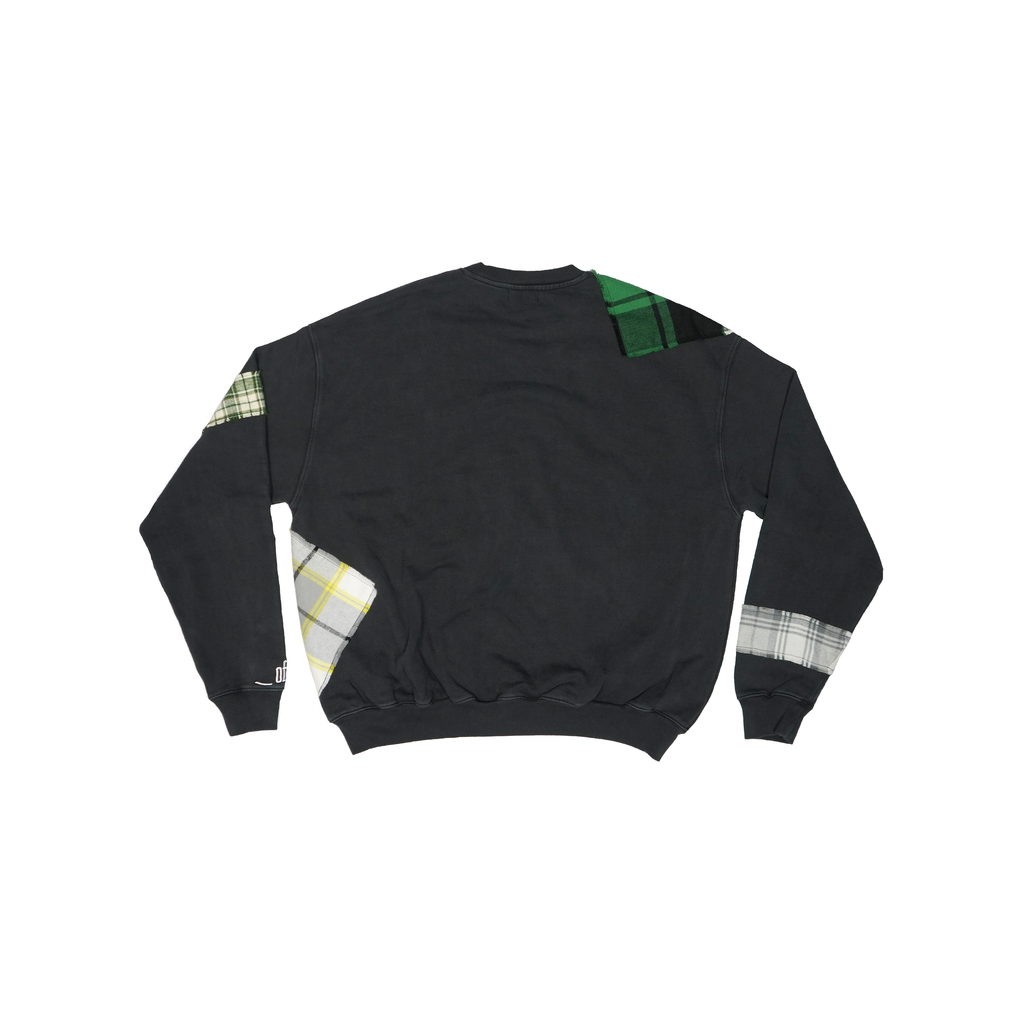Black crewneck sweatshirt with plaid patchwork sleeves and embroidered logo