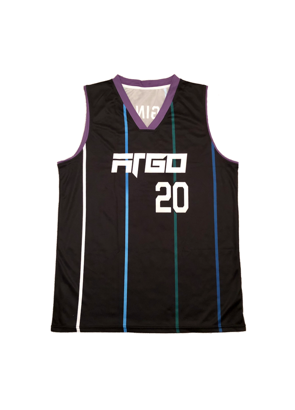 Black basketball jersey with retro stripes and white text and number