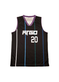 Black basketball jersey with retro stripes and white text and number