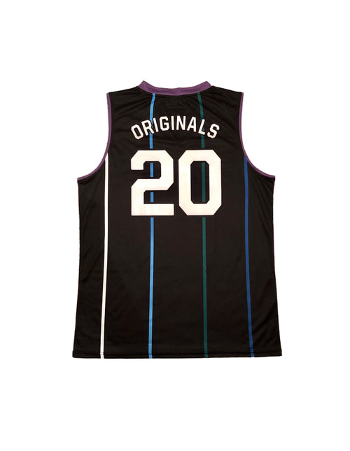 Black basketball jersey with retro stripes and white text and number