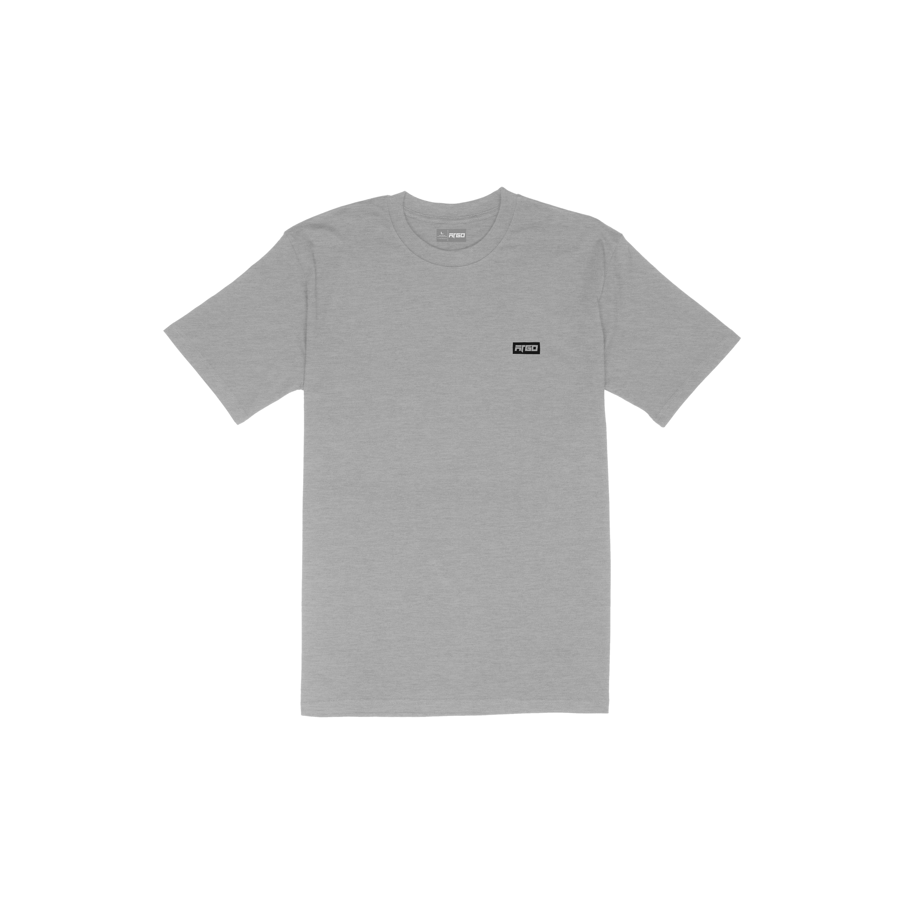 Gray t-shirt with a small boxed logo on the chest