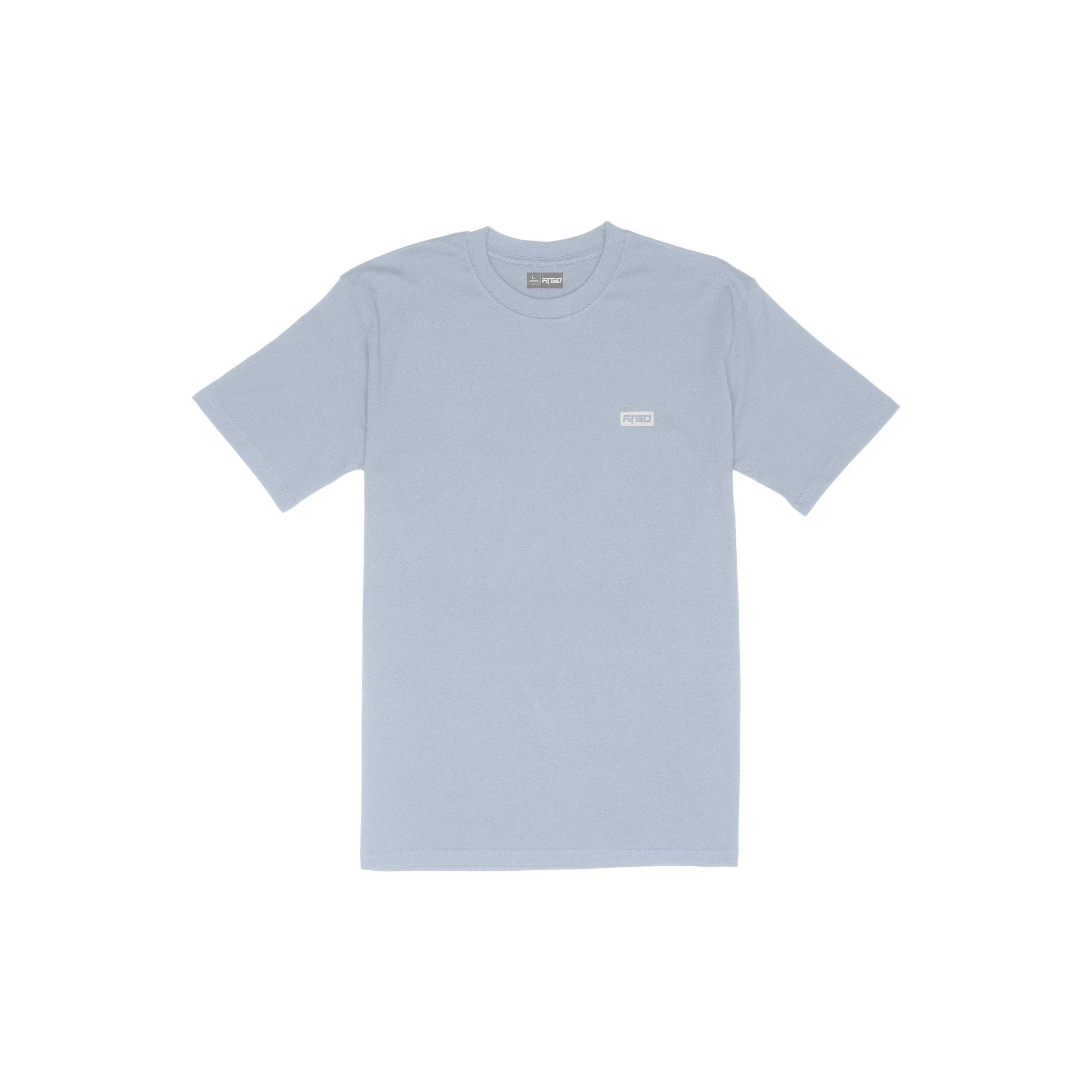 Light blue t-shirt with a small boxed logo on the chest