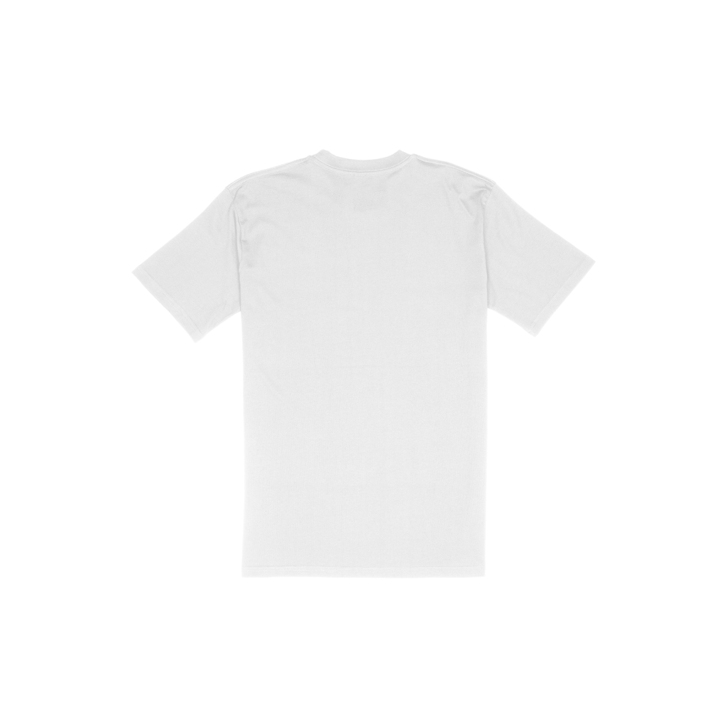 White t-shirt with a small boxed logo on the chest