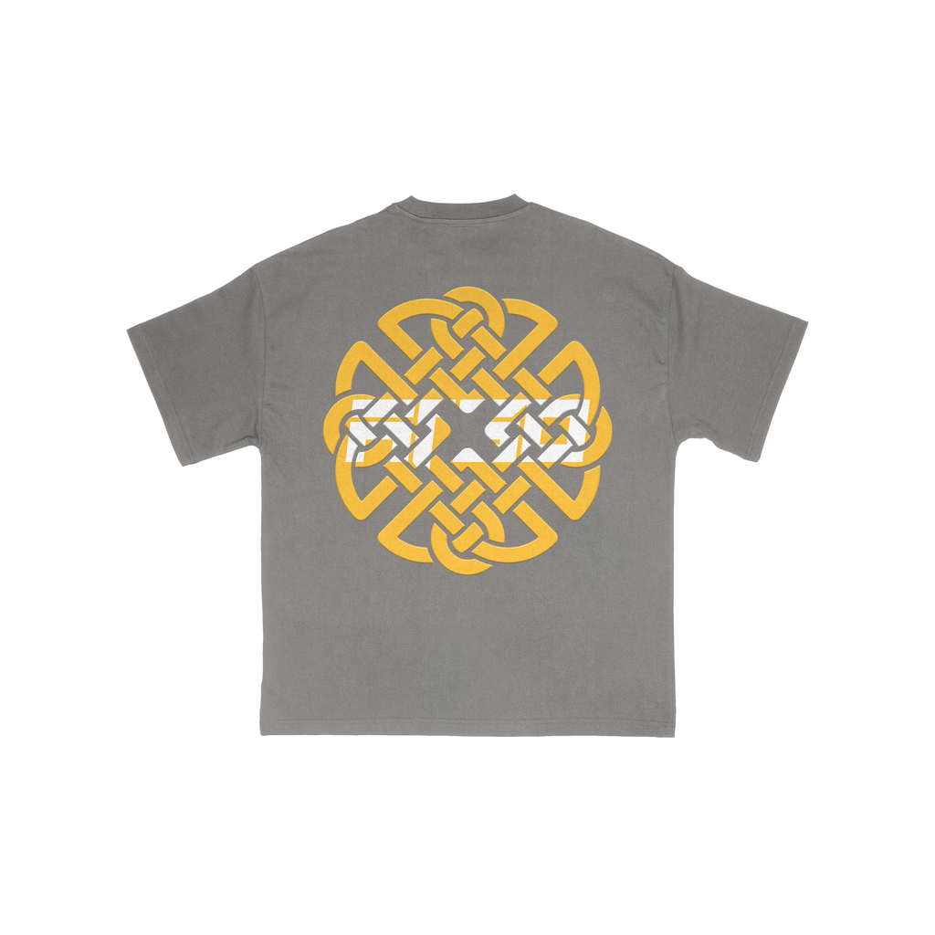 Gray t-shirt with a yellow Dara Knot logo