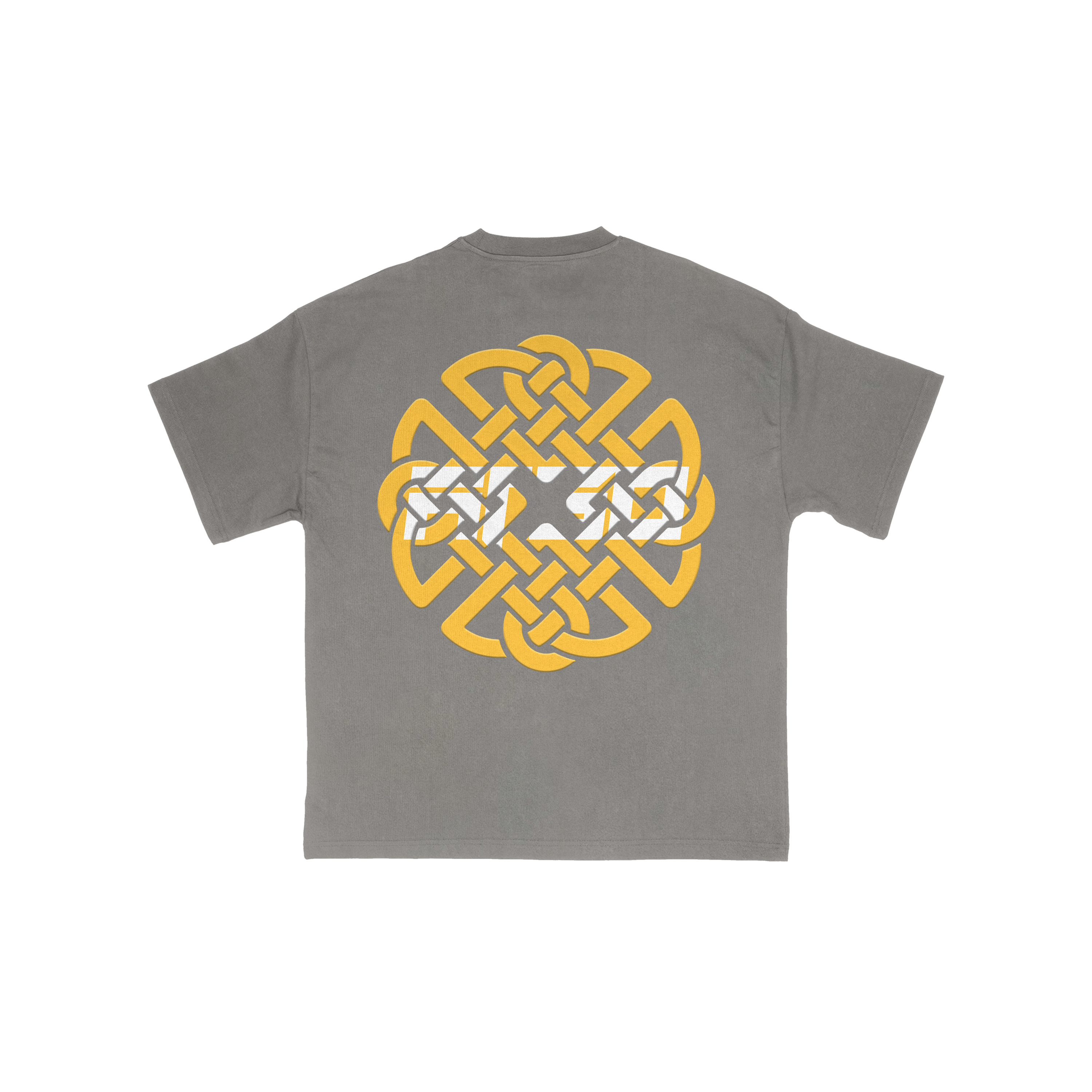 Gray t-shirt with a yellow Dara Knot logo