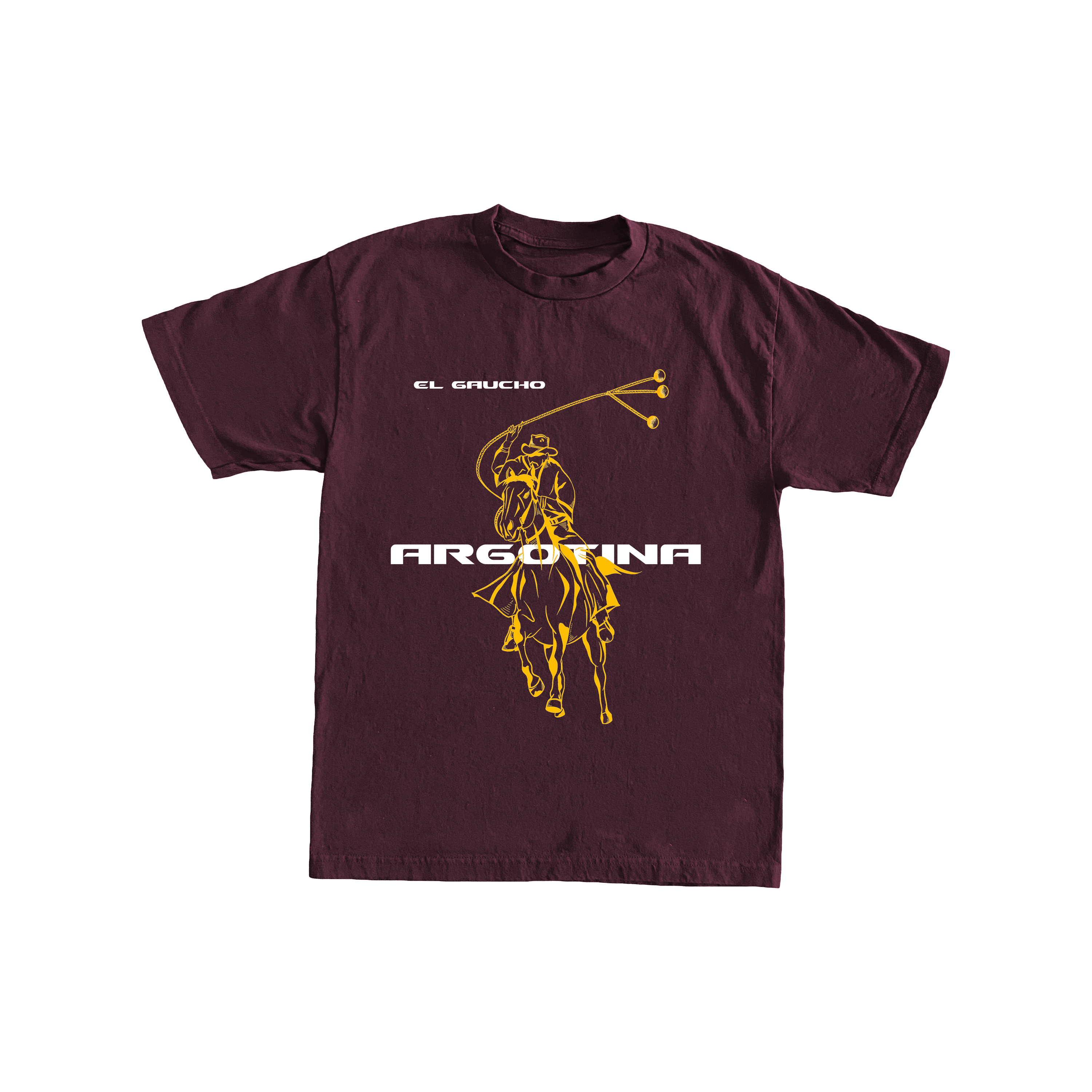 Maroon t-shirt with El Gaucho graphic and Argentina