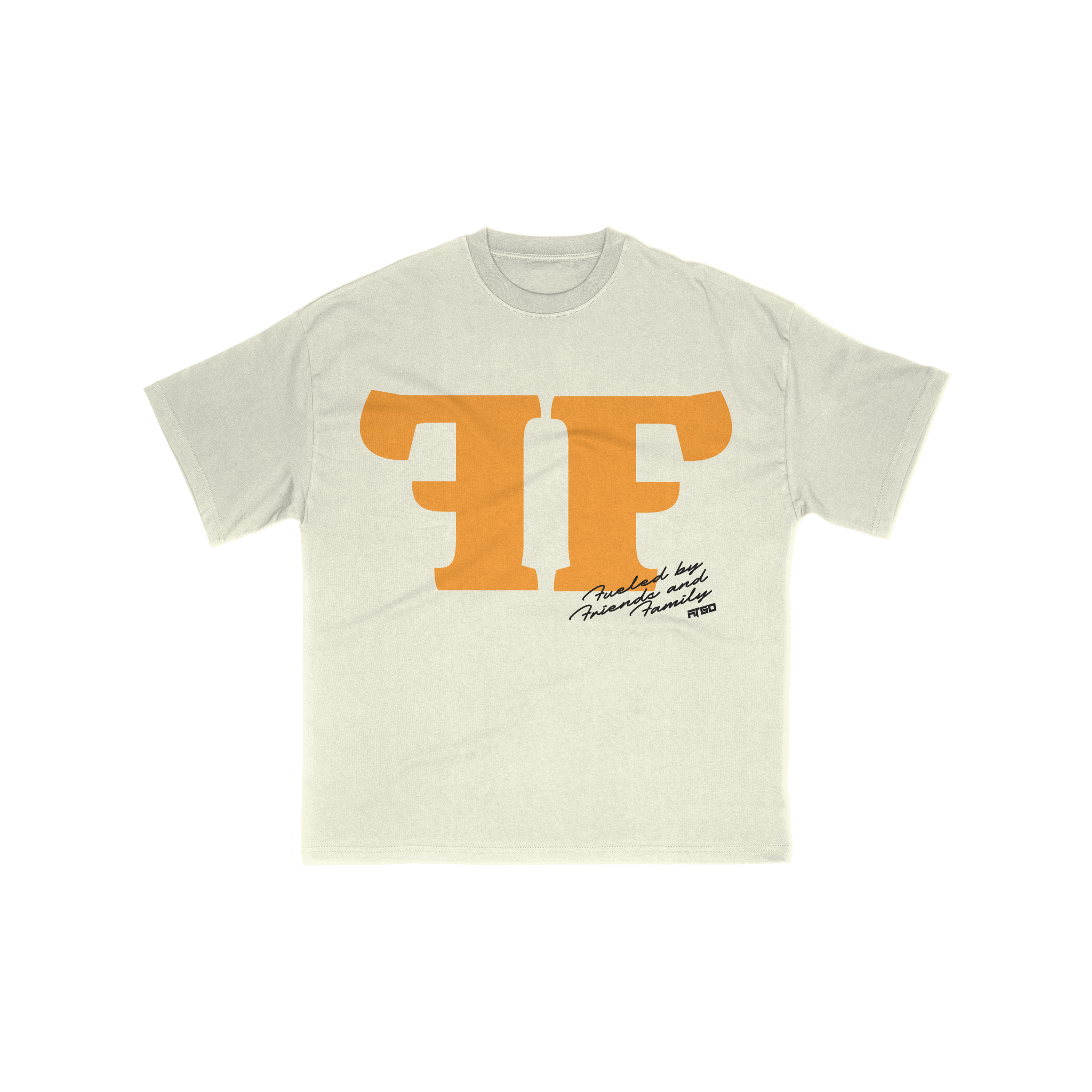 Beige t-shirt with orange 'Friends & Family' logo