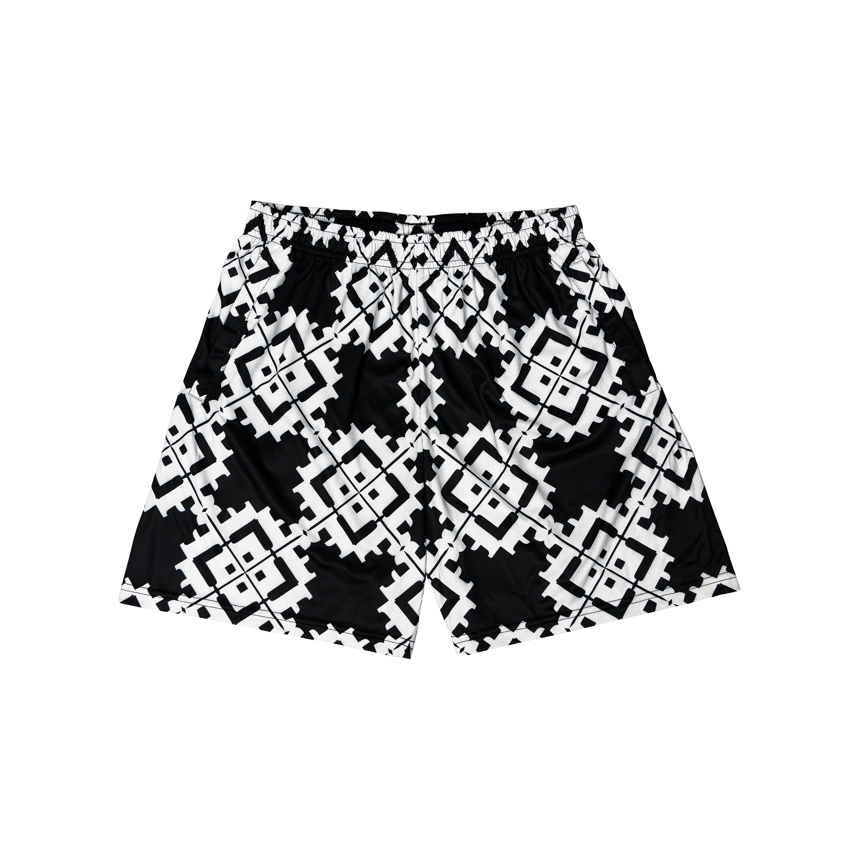 Black and white patterned leisure shorts with pockets and ARGO logo