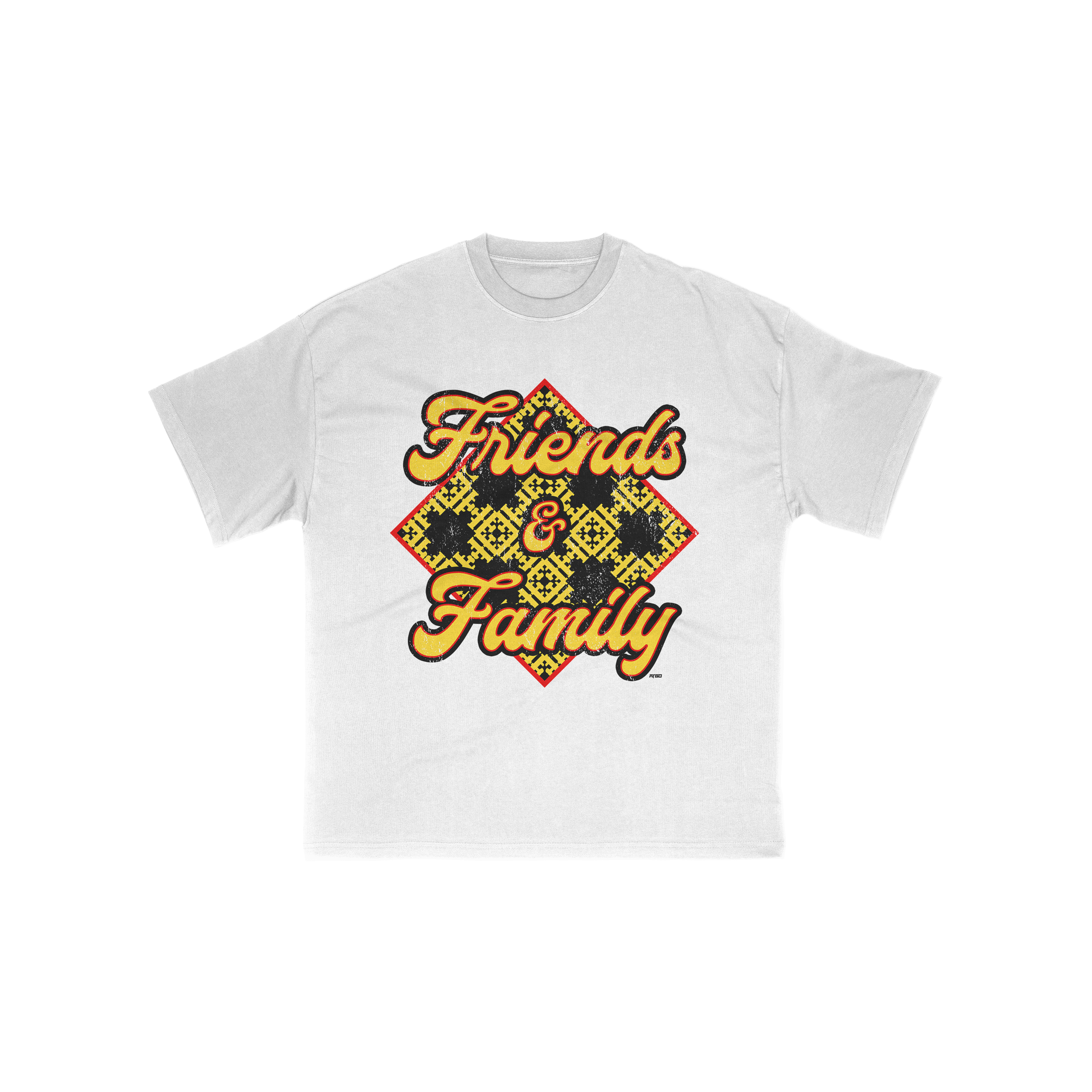 White t-shirt with 'Friends & Family' vintage graphic