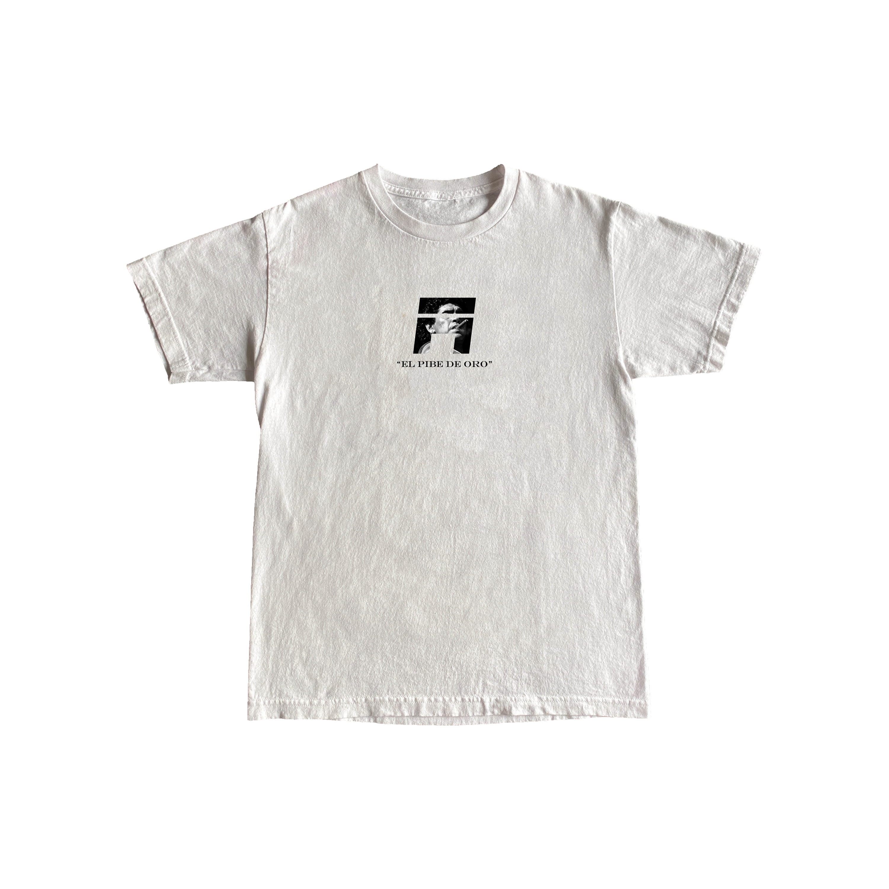White t-shirt with Maradona smoking a cigar inside logo