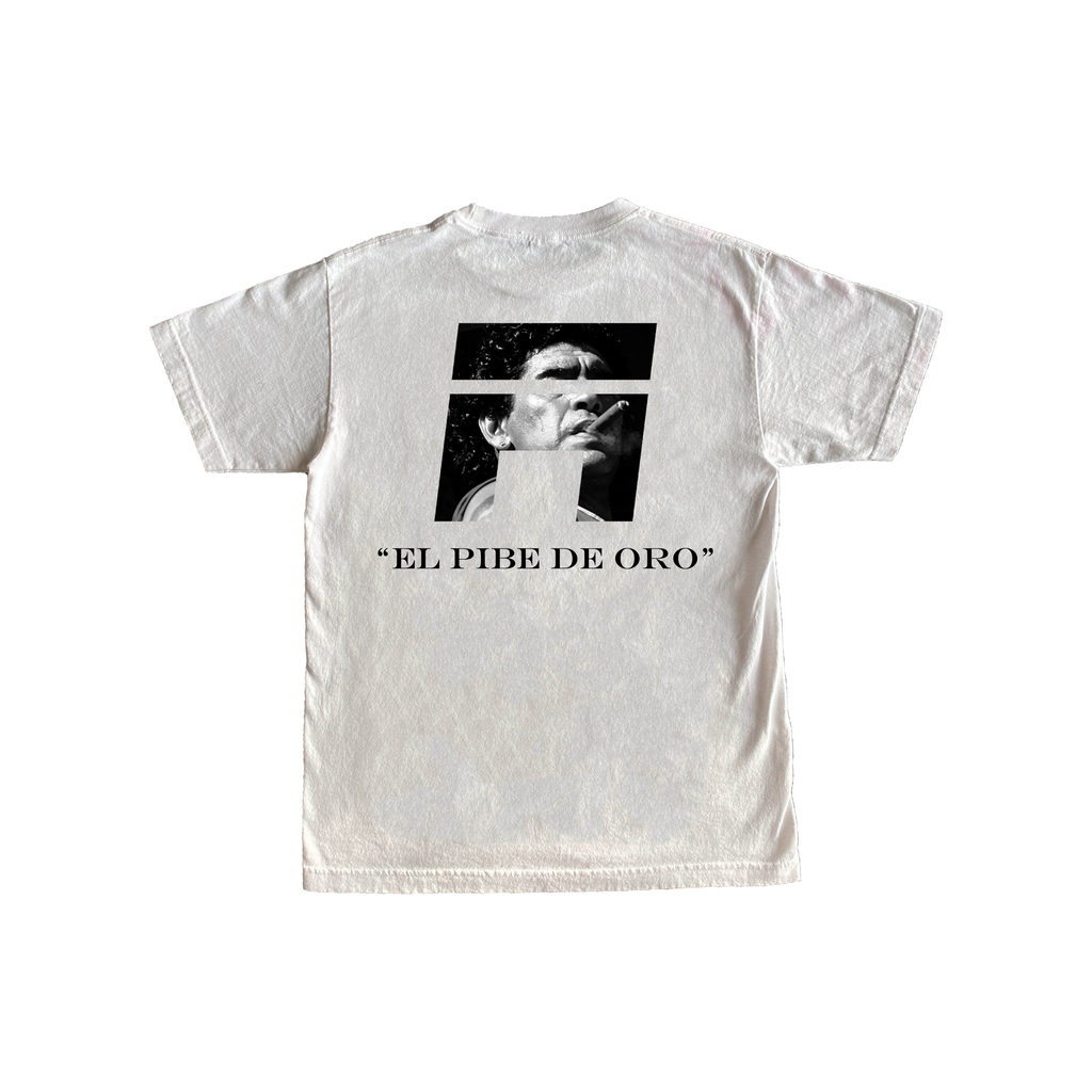 White t-shirt with Maradona smoking a cigar inside logo