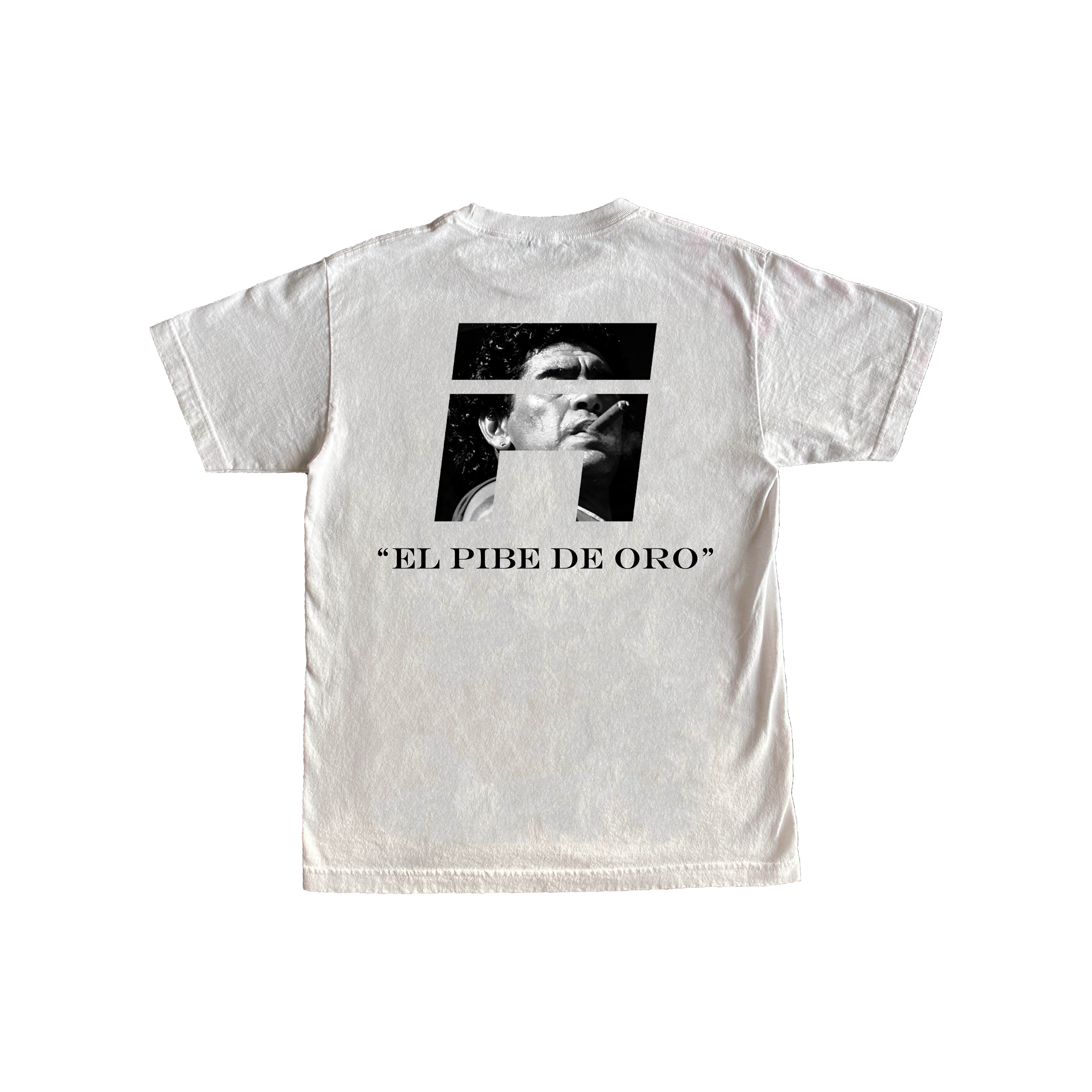 White t-shirt with Maradona smoking a cigar inside logo