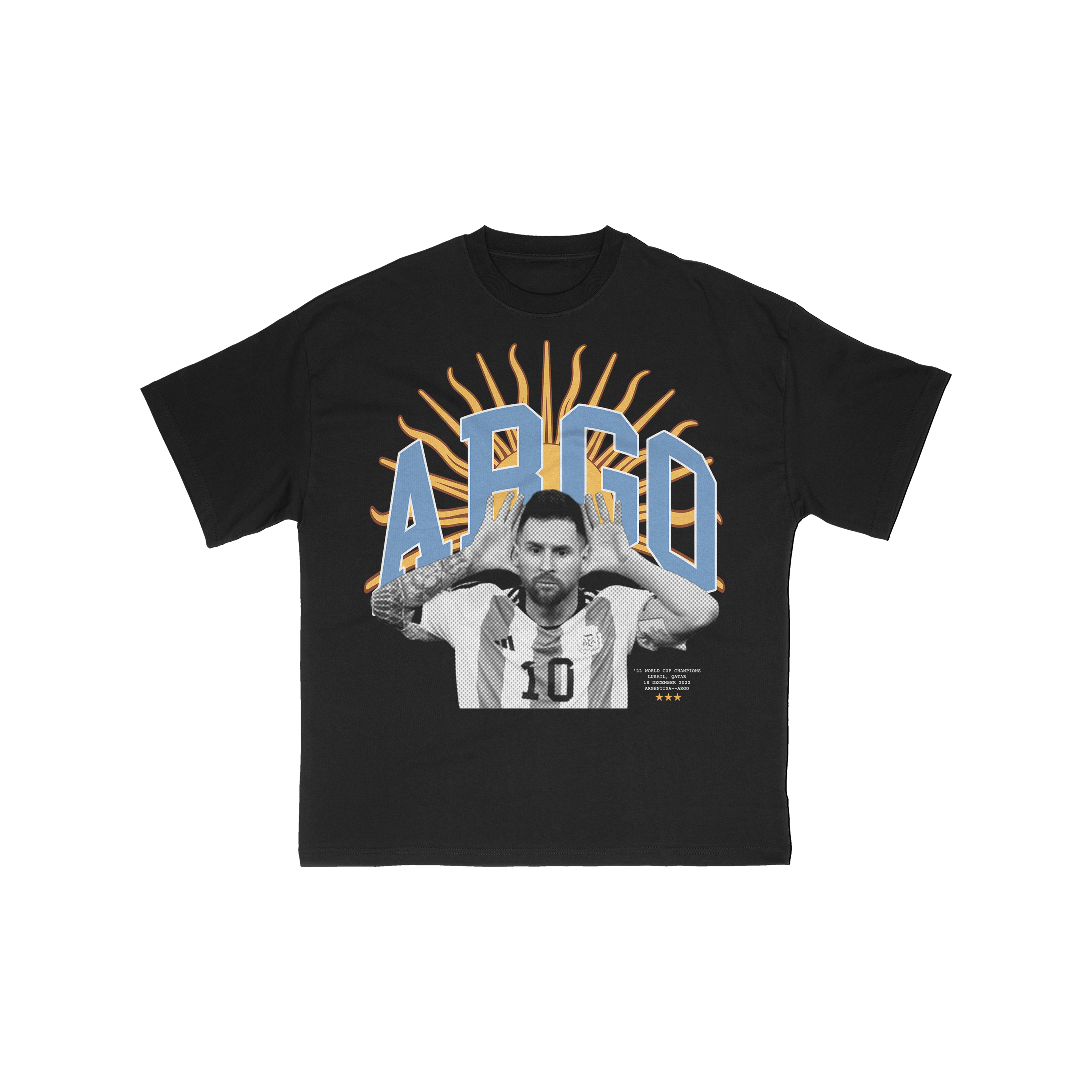 Black t-shirt with Messi graphic celebrating championship with ARGO logo text