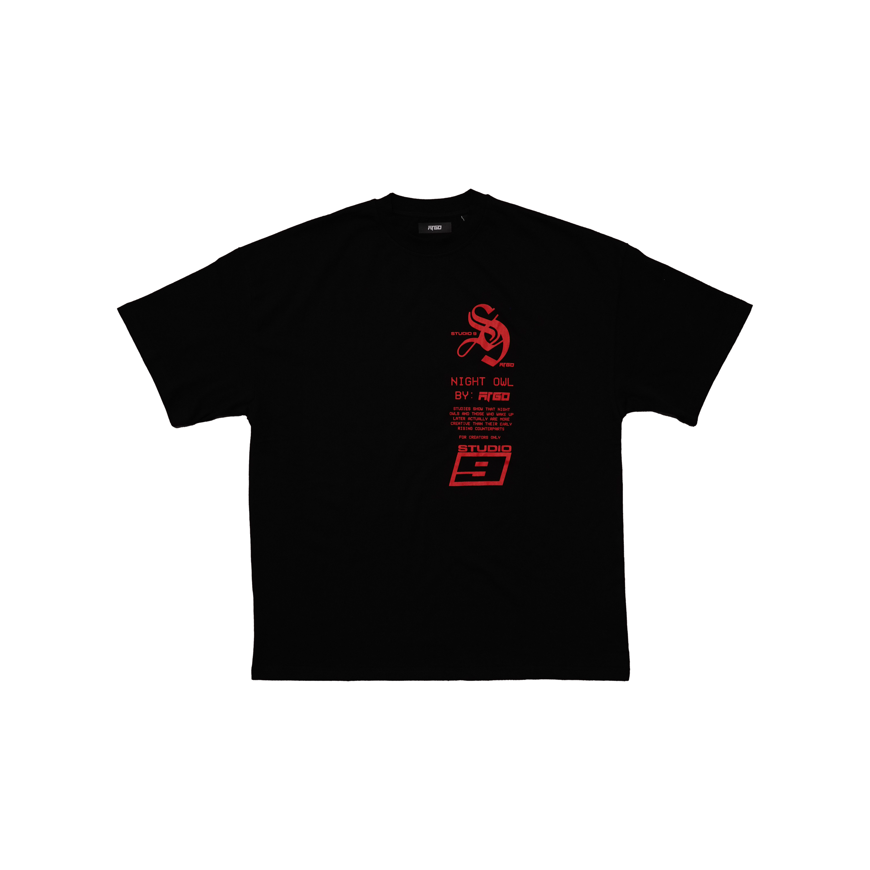 Black t-shirt with red night owl graphics and text