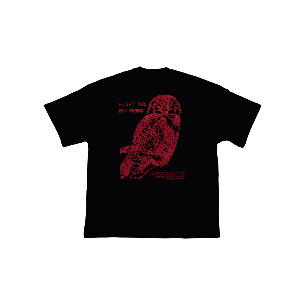 Black t-shirt with red night owl graphics and text