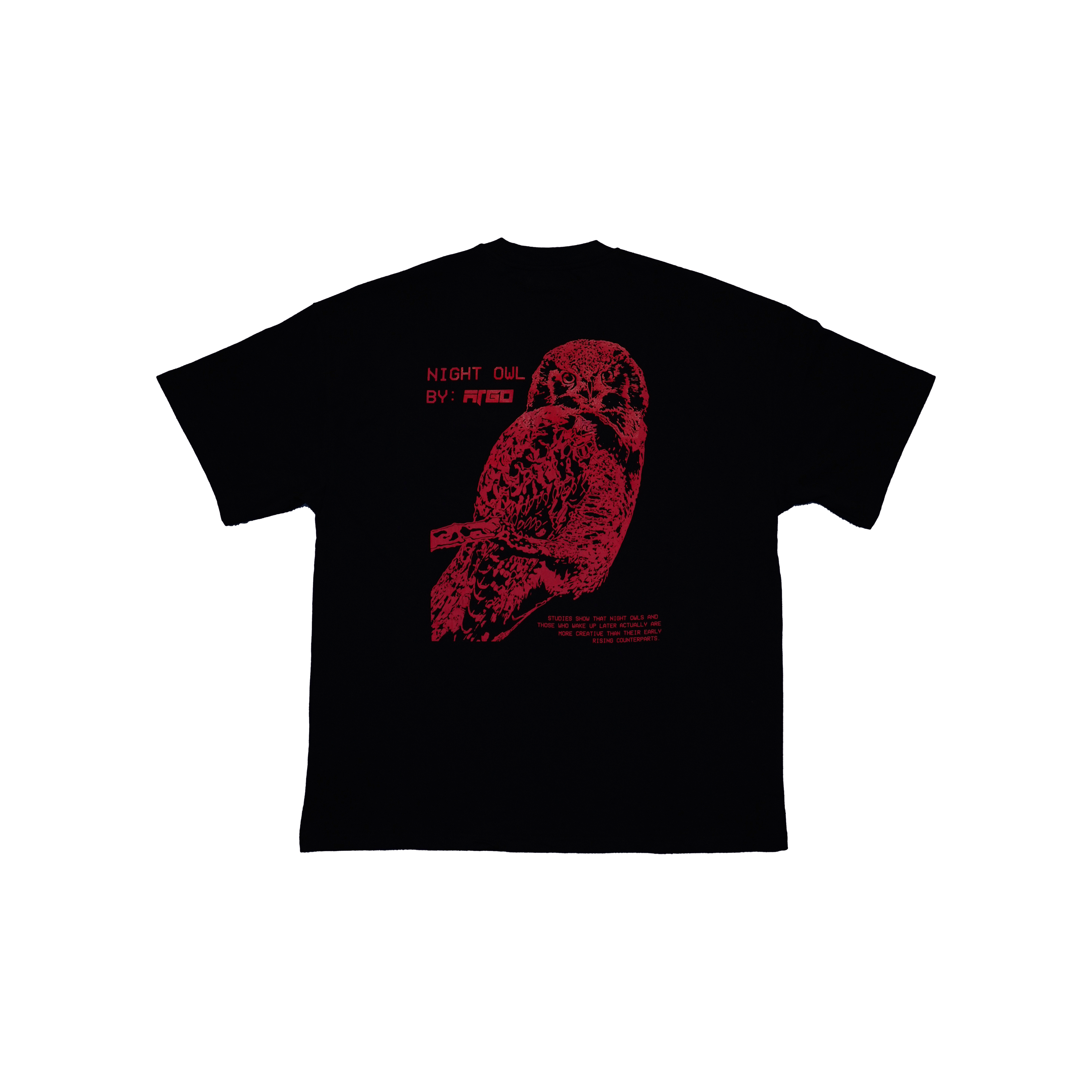 Black t-shirt with red night owl graphics and text