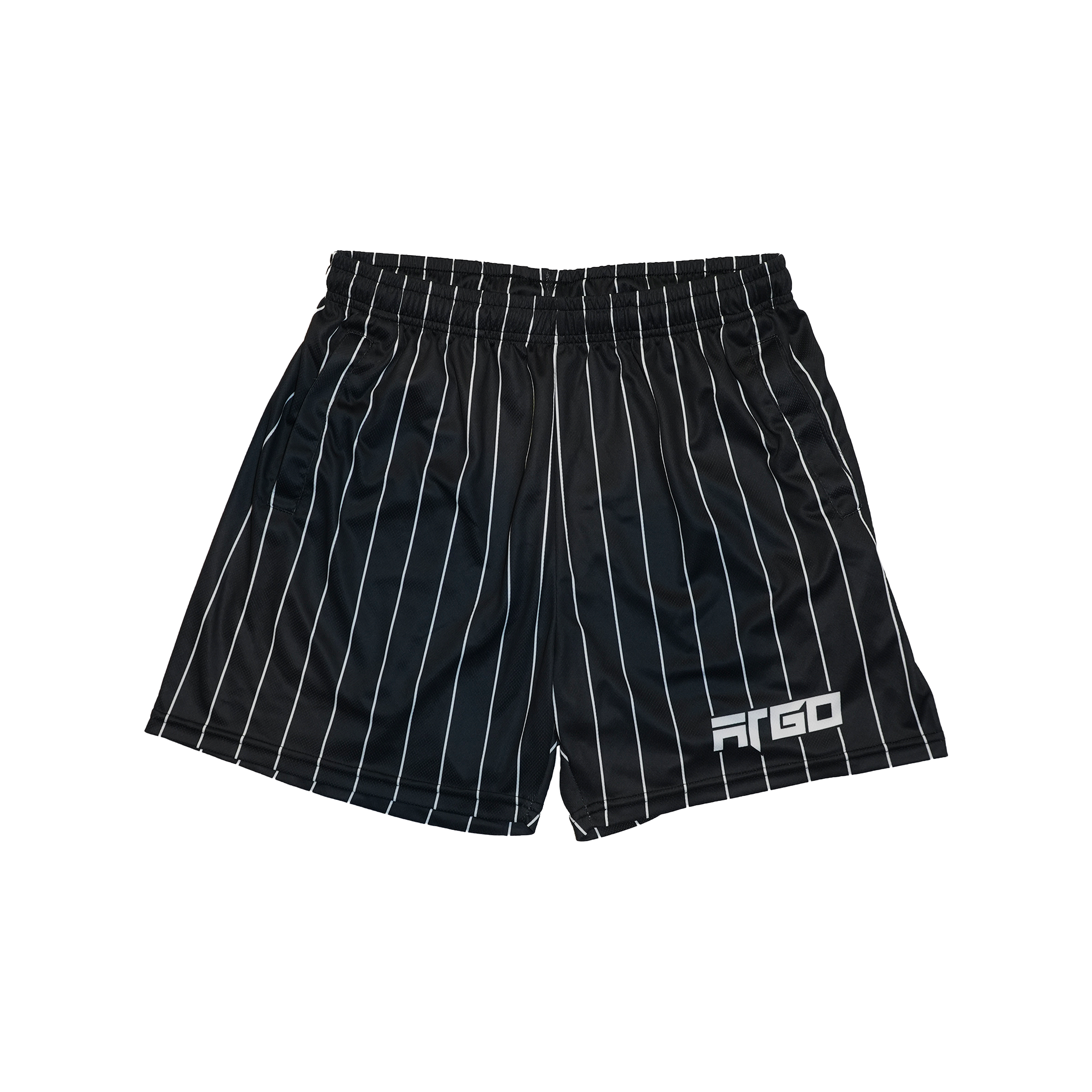 Black leisure pinstripe shorts with pockets and ARGO logo