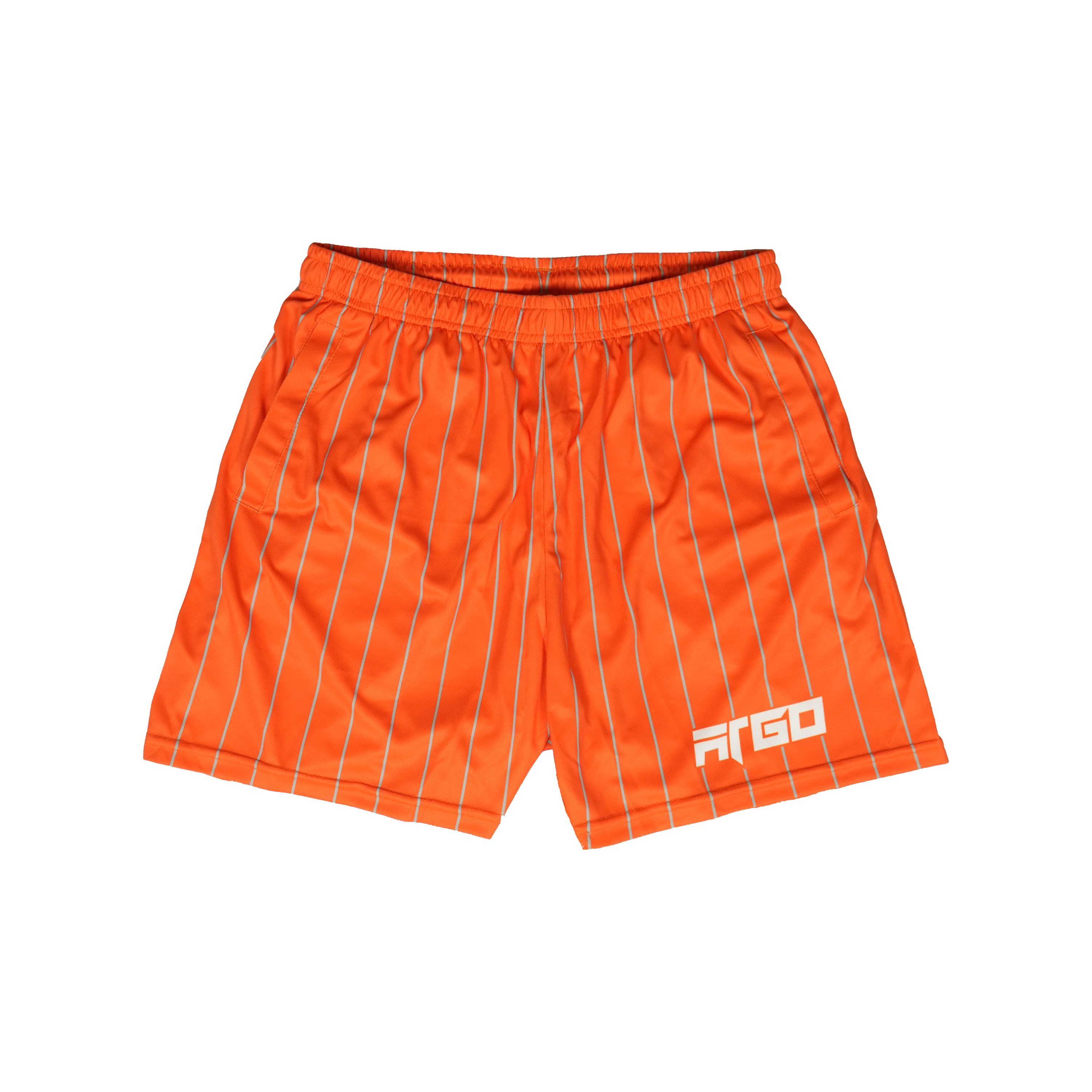 Orange leisure shorts with white stripes with pockets and ARGO logo