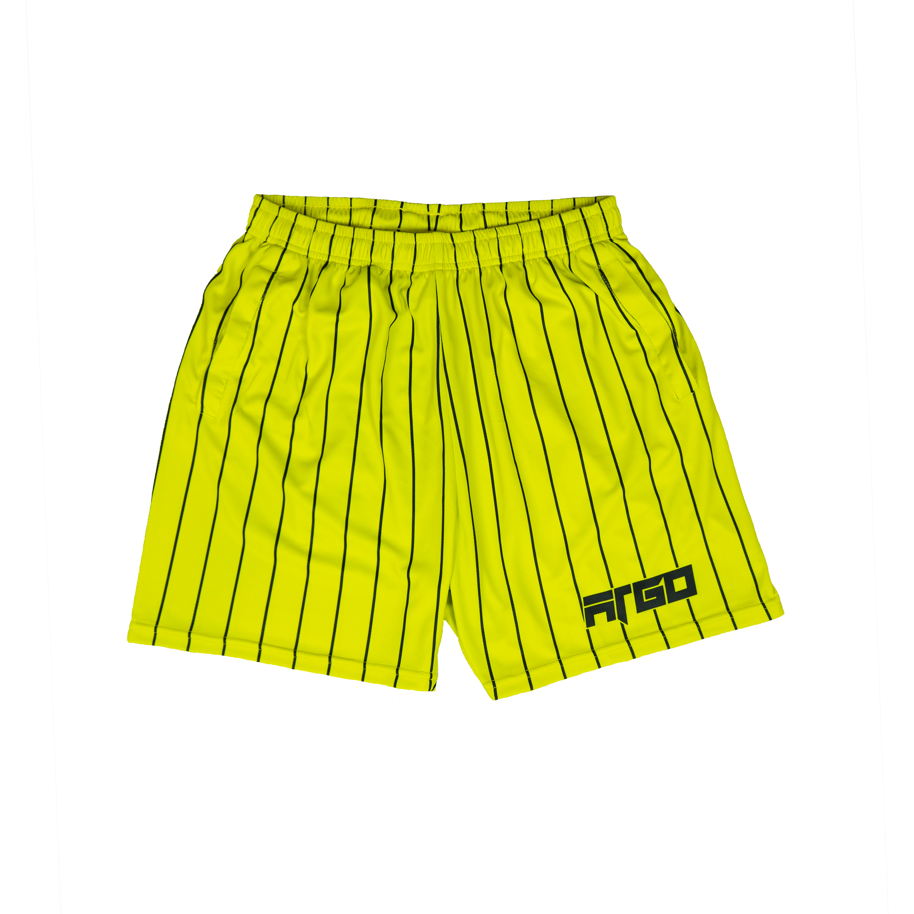 Yellow pinstripe shorts with black stripes with pockets and ARGO logo