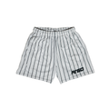 White leisure shorts with black pinstripes with pockets and ARGO logo