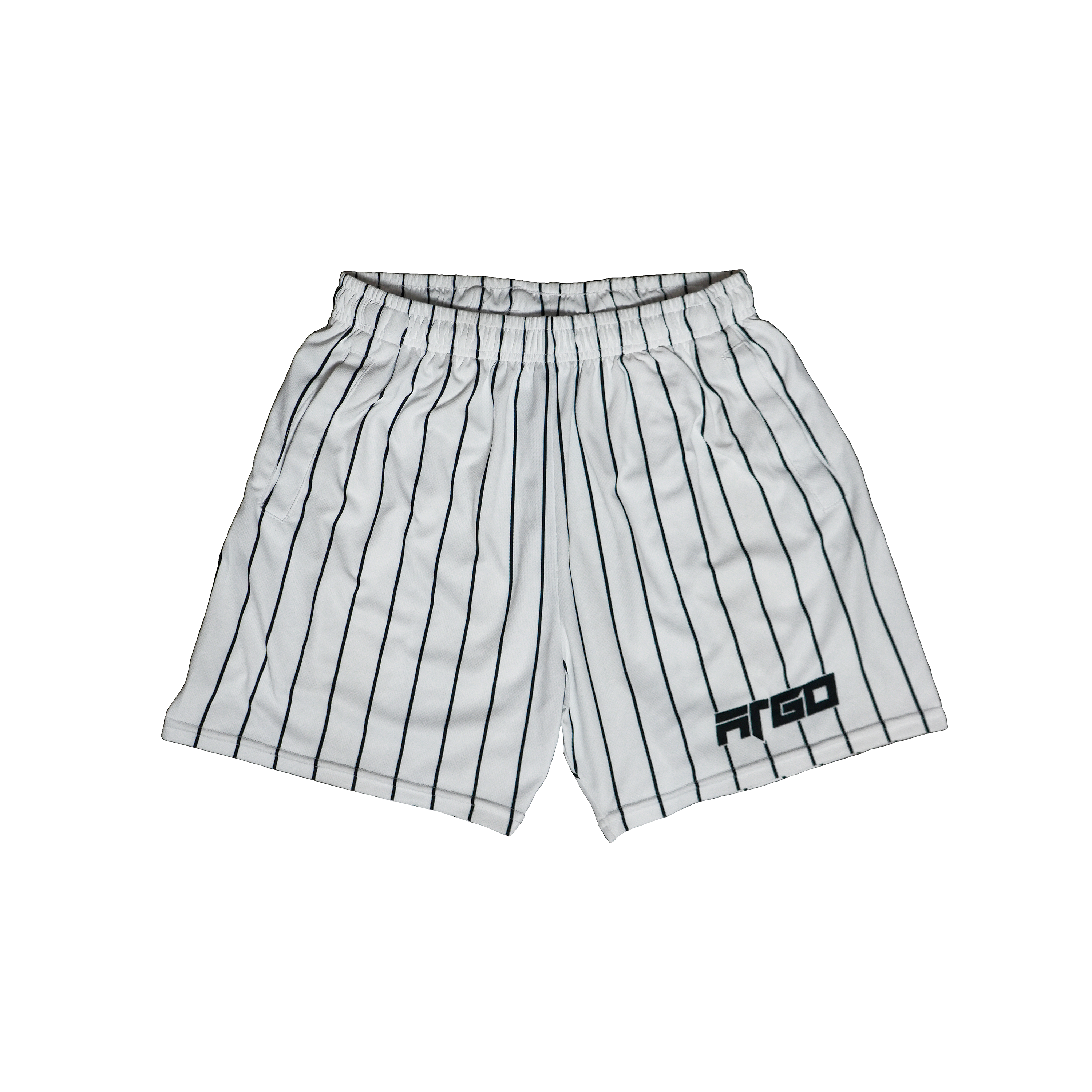 White leisure shorts with black pinstripes with pockets and ARGO logo