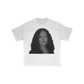 White t-shirt with a graphic of Rihanna with ARGO tattoo on neck