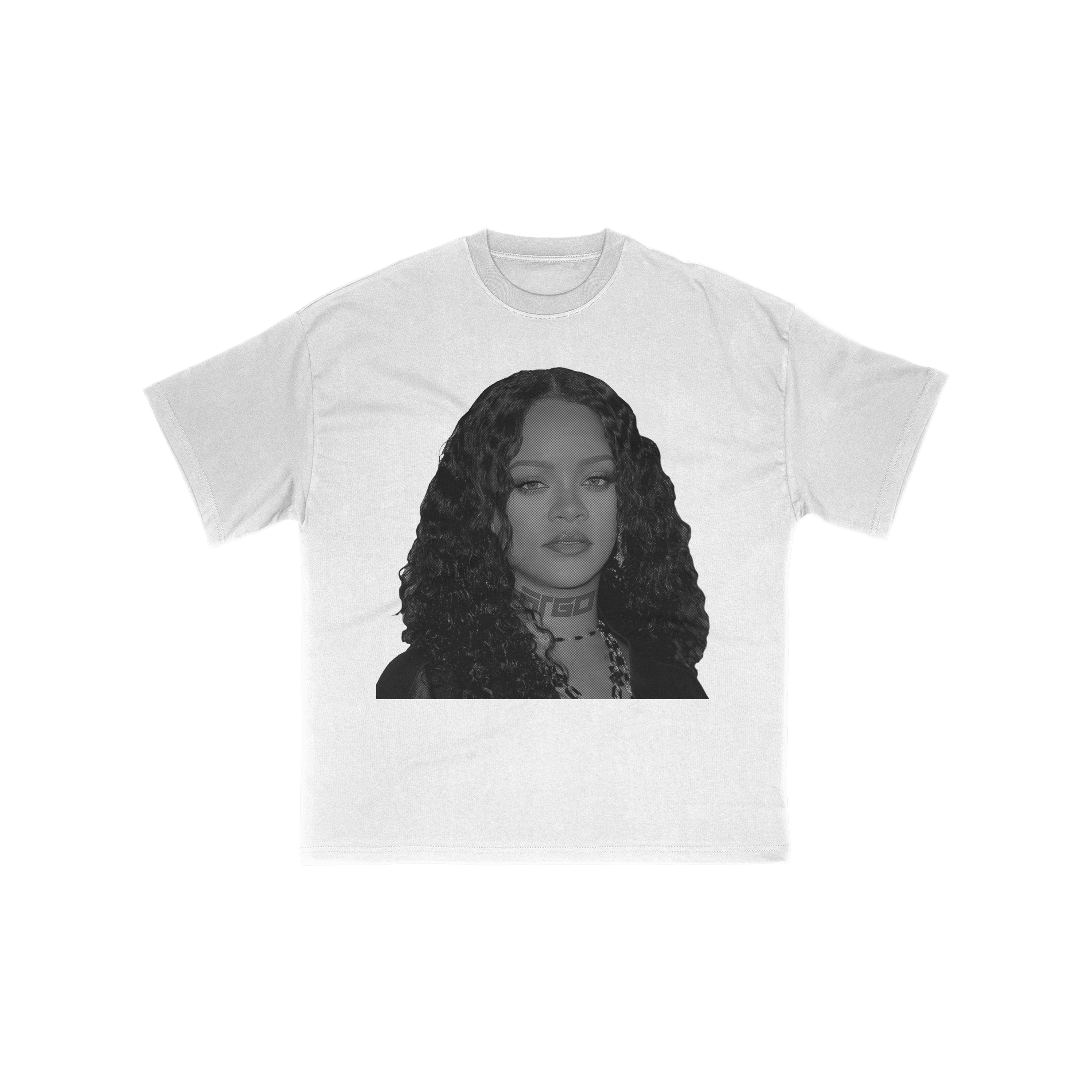 White t-shirt with a graphic of Rihanna with ARGO tattoo on neck