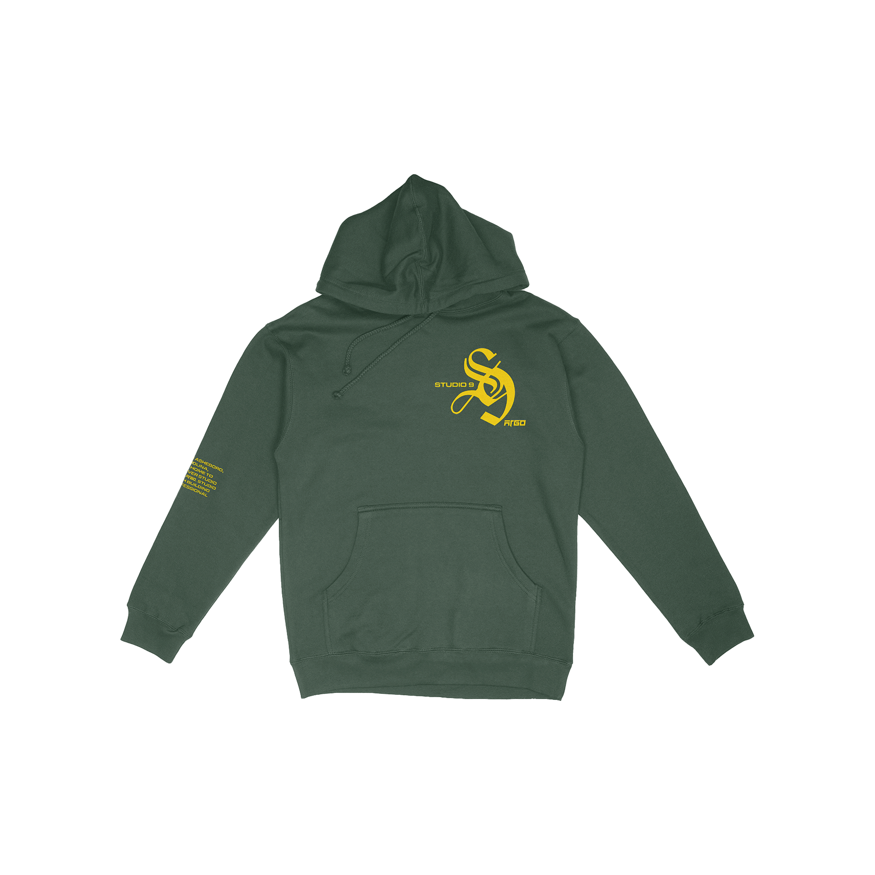 Green hoodie with yellow logo on chest and sleeve