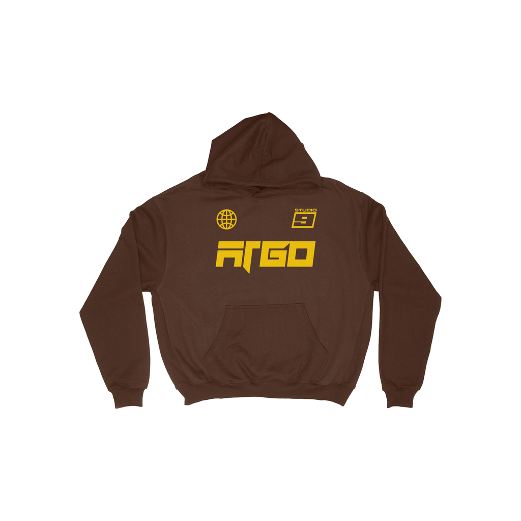 Brown hoodie with yellow studio 9 text and graphics