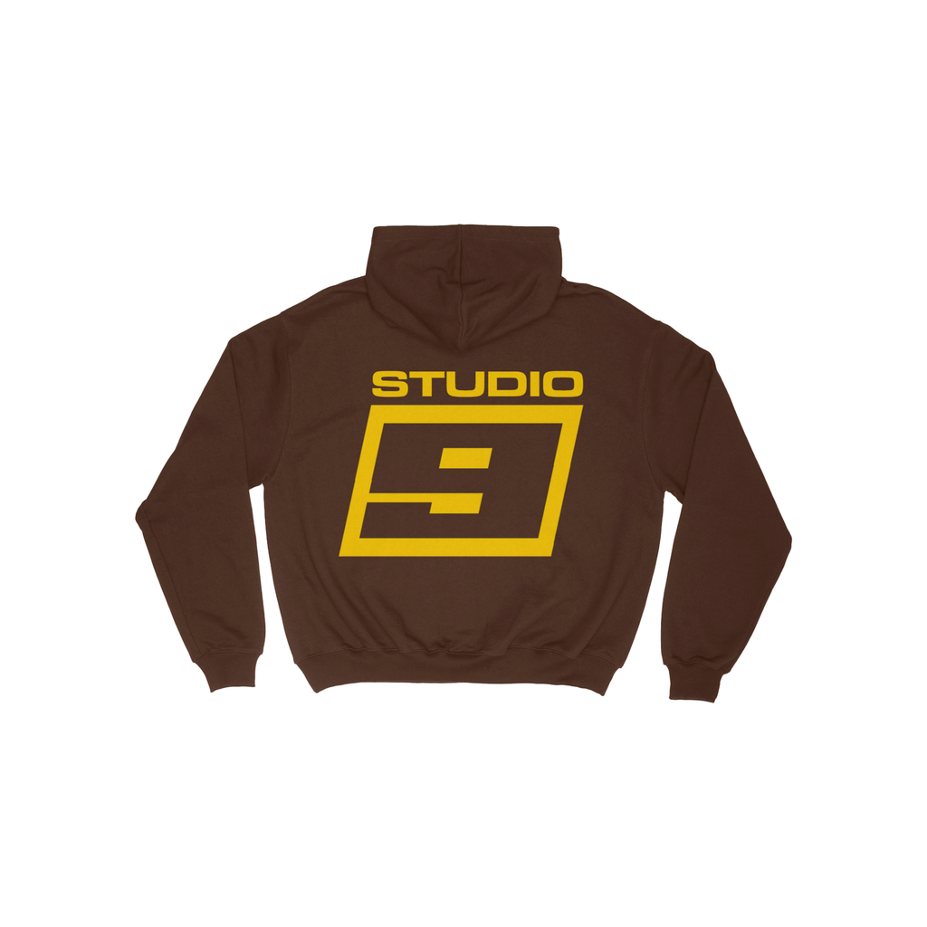 Brown hoodie with yellow studio 9 text and graphics