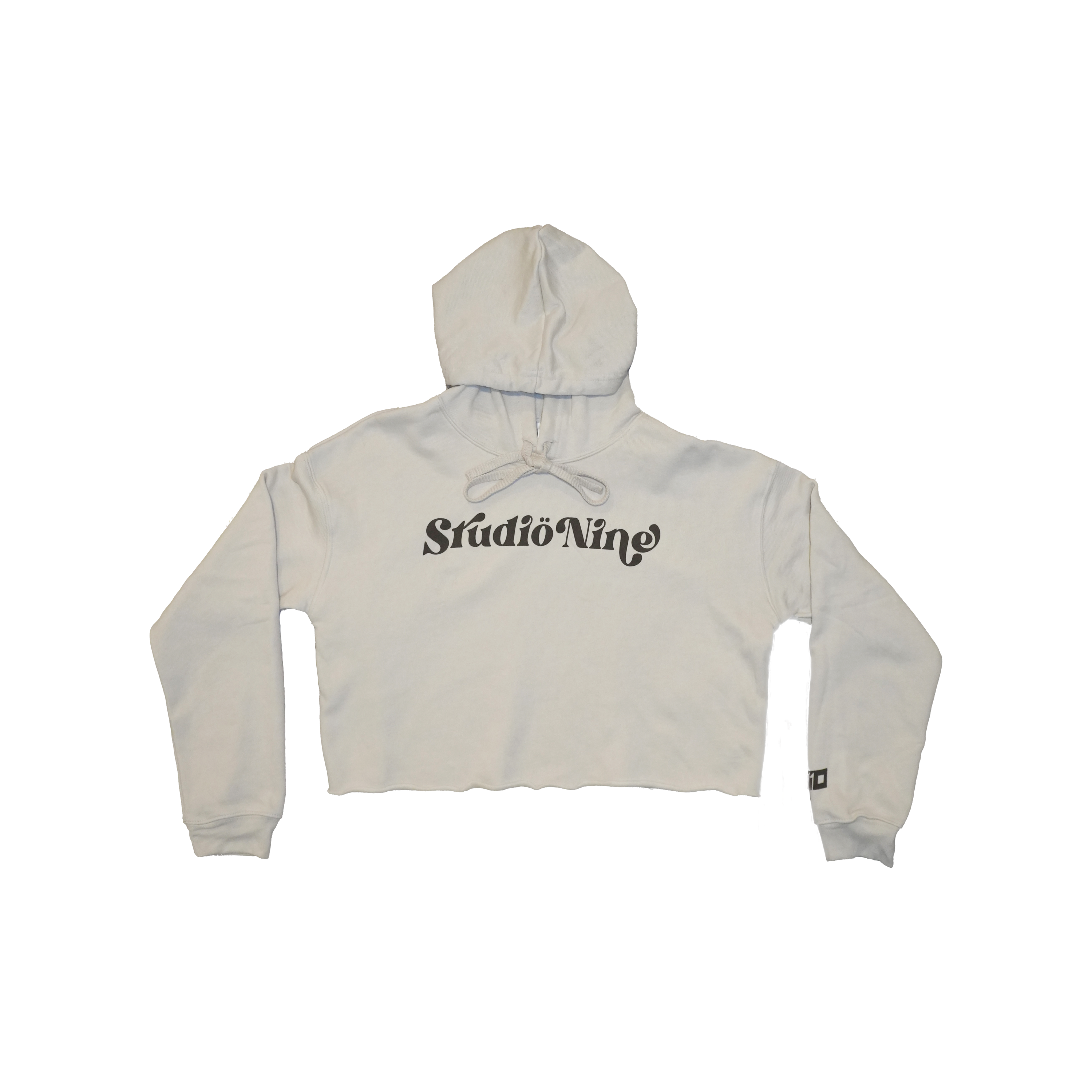 Beige women's crop hoodie with 'Studio Nine' logo on chest and sleeve