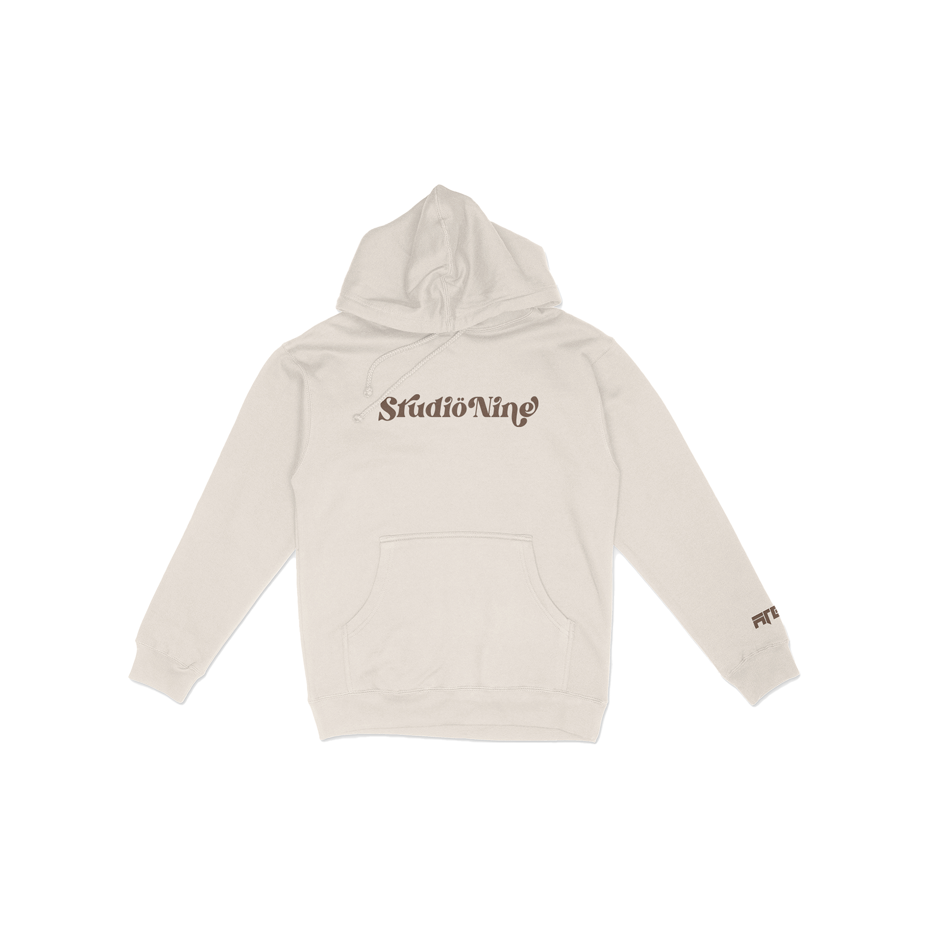 Cream hoodie with 'Studio Nine' logo on chest and sleeve