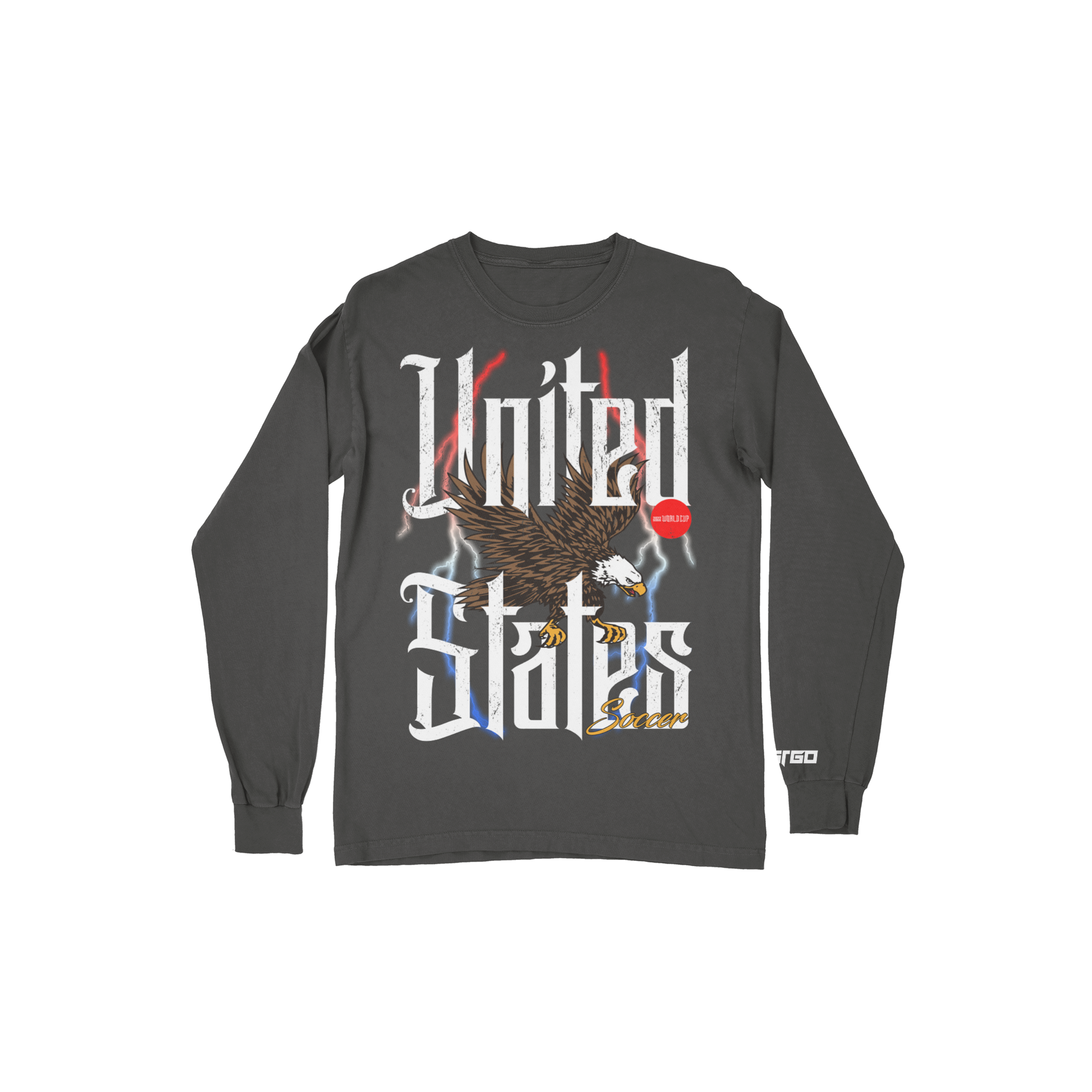 Gray long-sleeve t-shirt with 'United States' FIFA World Cup graphic design featuring national bird eagle