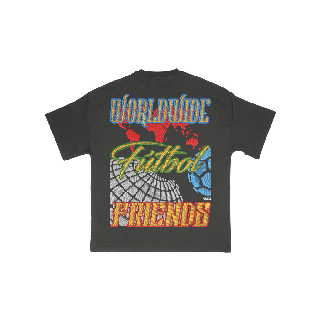 Black graphic t-shirt for Worldwide Futbol Friends design on back
